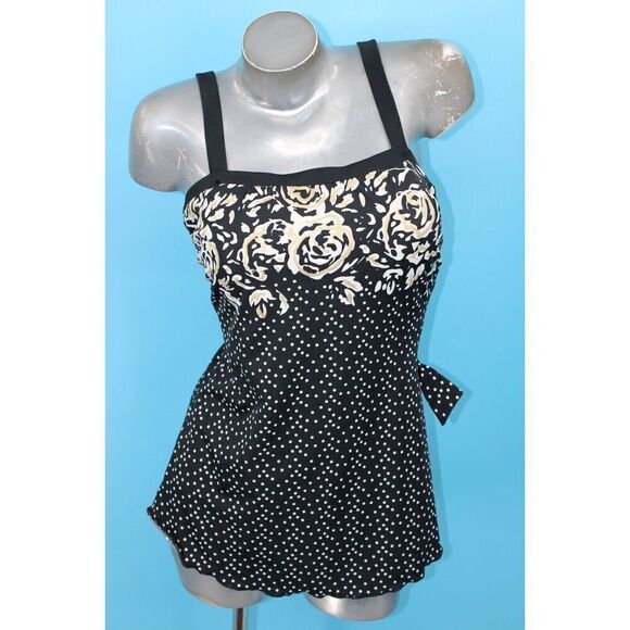 MAXINE VINTAGE SWIMSUIT SIZE 14 BLACK GOLD WHITE BUTTON ADJUSTABLE SWIMDRESS 1PC - Picture 1 of 9